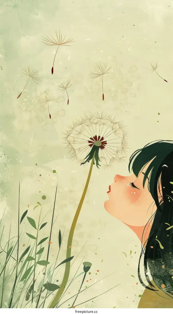 Asian girl blowing dandelion seeds in field