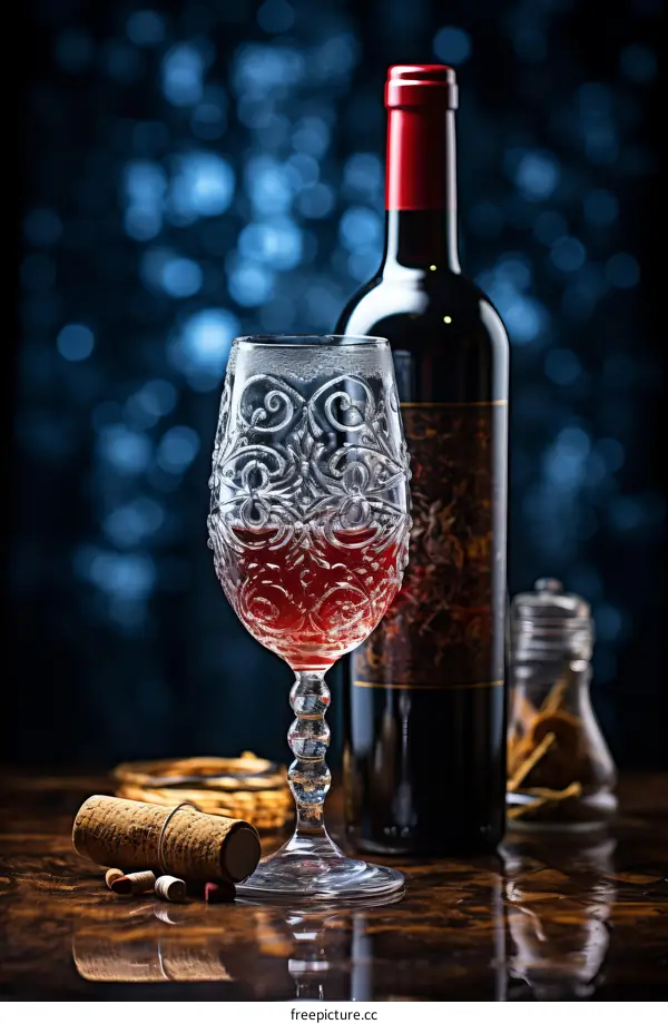 Elegant red wine glass with a bottle and some spices on the table