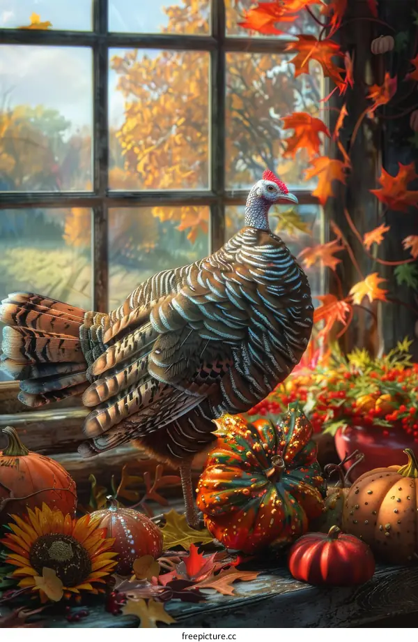 Autumn Thanksgiving Scene with Turkey and Pumpkins