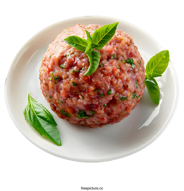 [Transparent Background PNG]Raw Meatball with Basil on White Plate
