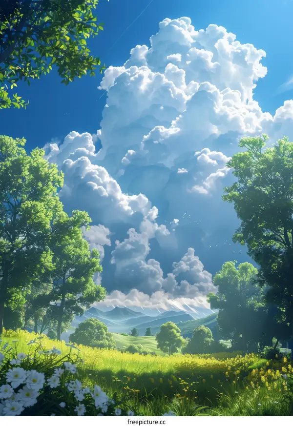 Beautiful Summer Landscape with White Clouds and Green Trees