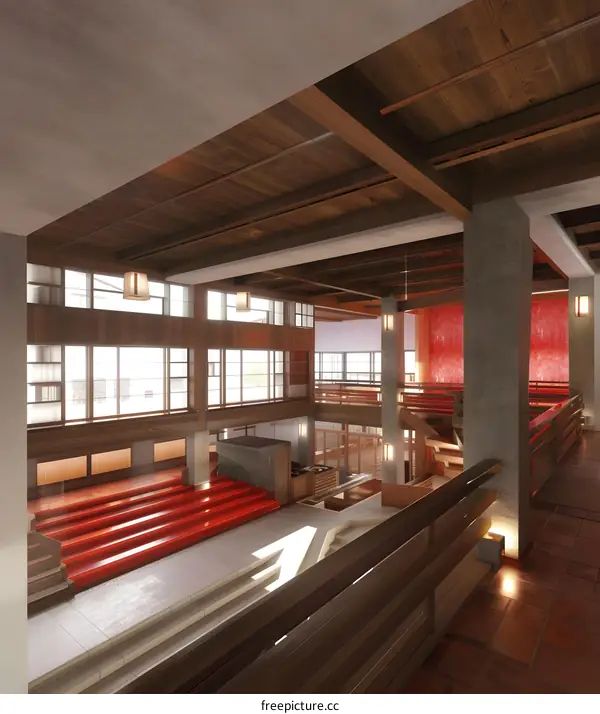 Modern Architecture Interior Design With Red Staircase And Wooden Ceiling