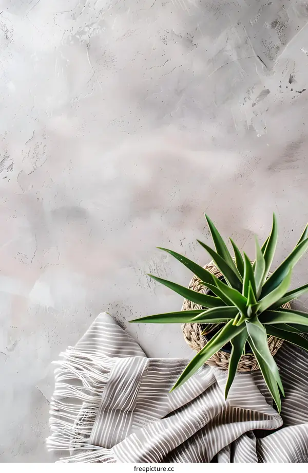 Grey Concrete Background with Green Plant and White Striped Throw Blanket