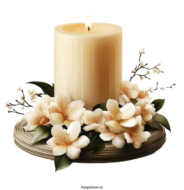 [Transparent Background PNG]Elegant Candle with Floral Wreath Illustration