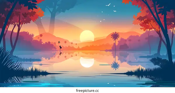 Sunset Landscape with Palm Trees and Birds