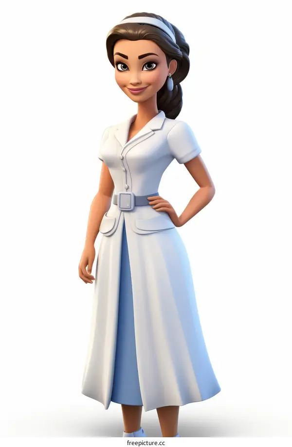 Cheerful cartoon nurse with brown hair wearing a white uniform