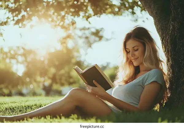Woman Reading a Book under a Tree on a Sunny Day