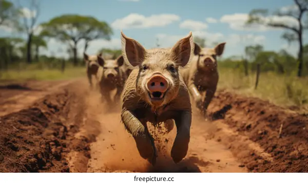 Muddy pigs running in a field