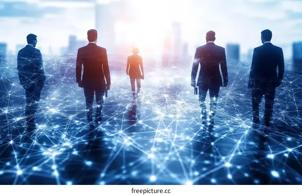 Business Leaders Walking Through a Networked Cityscape