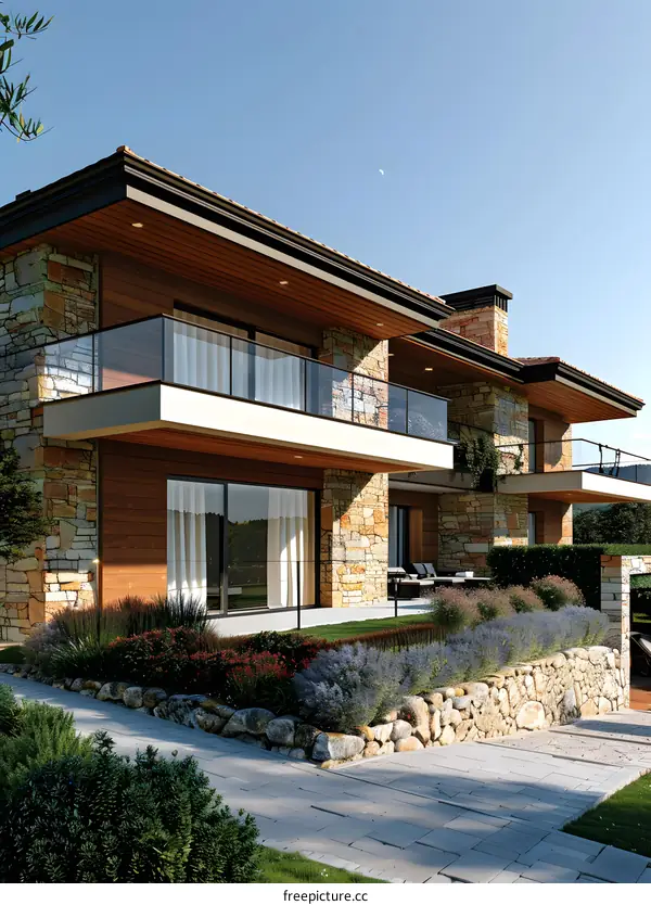 Modern exterior of a two-story house with stone veneer and large windows