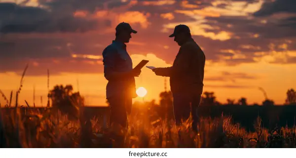 Two farmers are standing in a wheat field and looking at a digital tablet.