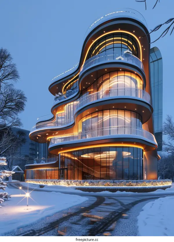 Modern Architectural Design of a Curved Building in Winter