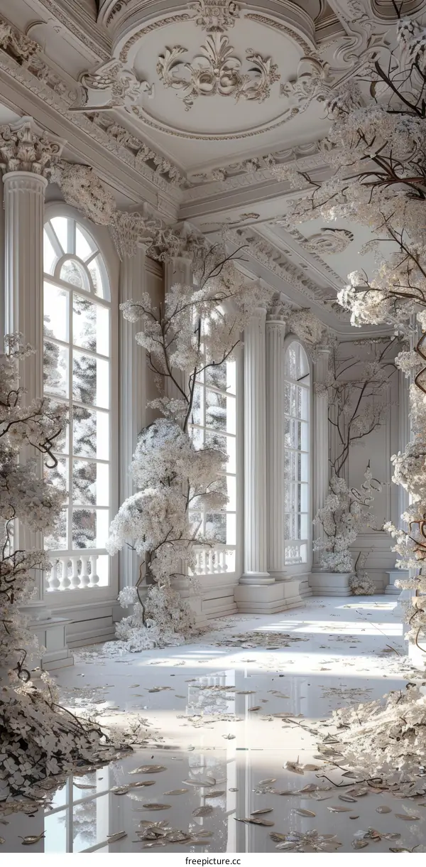 Elegant White Palace Hallway with Floral Decor