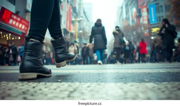 A woman crossing a busy street in a crowded city