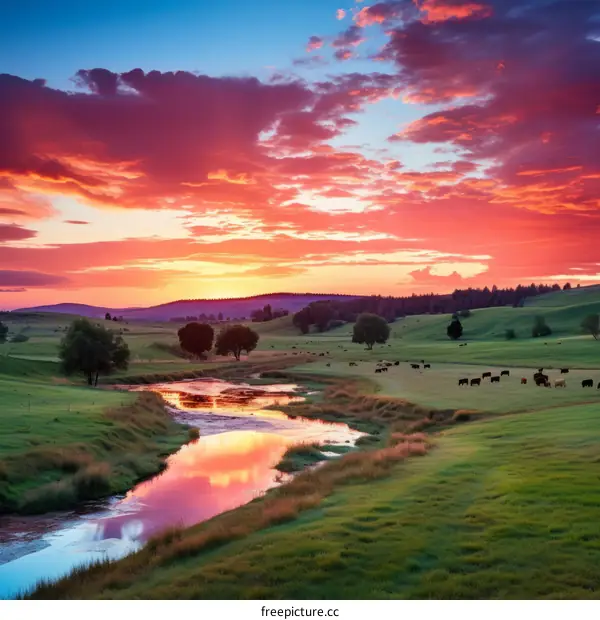 Cows grazing in a lush green field during a vibrant sunset