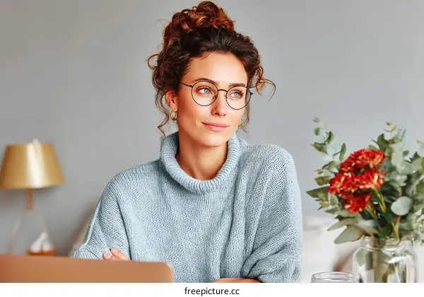 Woman in a Light Blue Sweater with Glasses