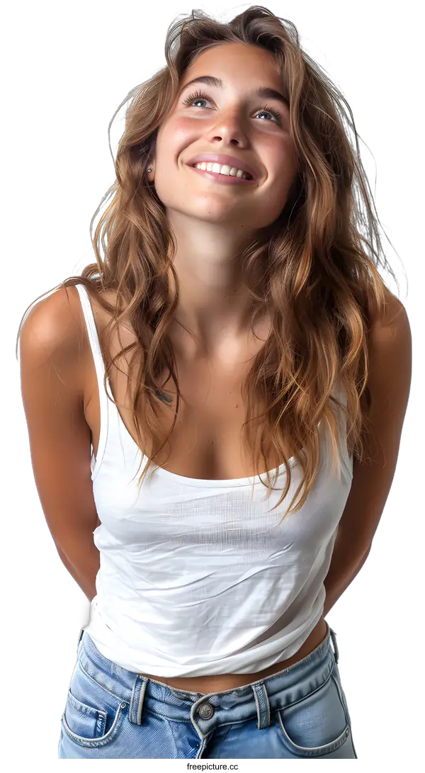 [Transparent Background PNG]portrait of a young woman in a white tank top and blue jeans smiling