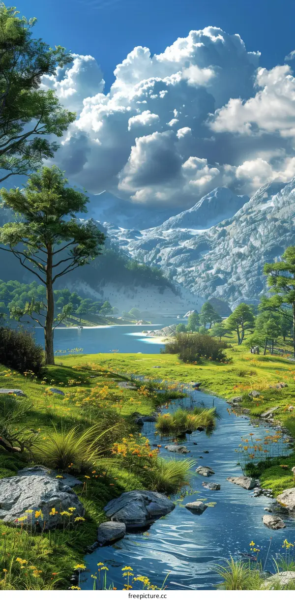 Serene Mountain River Landscape with Blooming Flowers