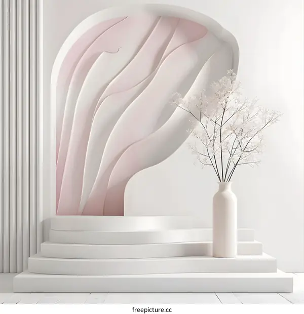 Abstract White and Pink Background with Curved Wall and Steps