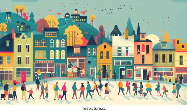 Colorful Illustration of a Busy Street Scene with People Walking