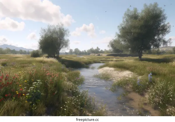 Small river flowing through a beautiful green field