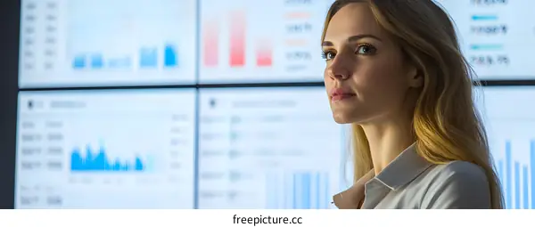 Woman Looking at Data Analysis on Multiple Monitors
