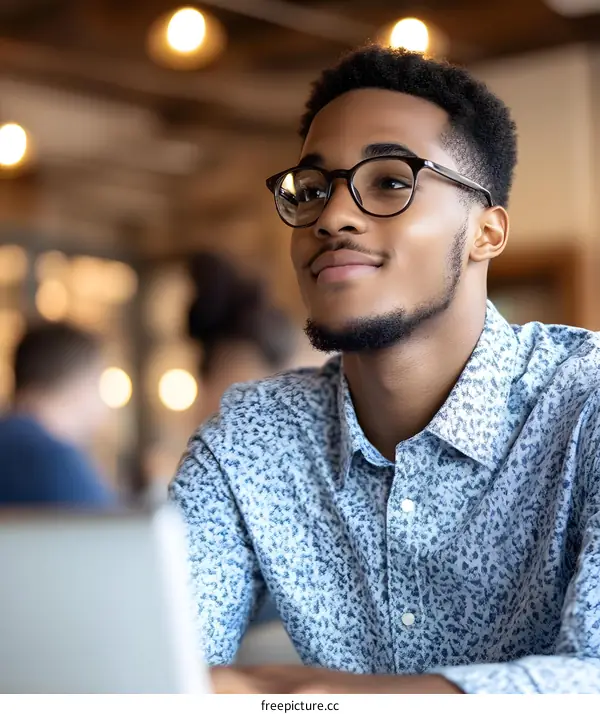 African American Man Wearing Glasses Looking Up in Thought