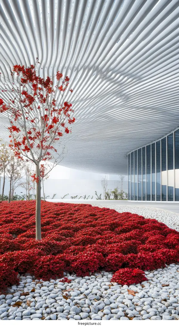 Modern Architecture with Red Landscaping and White Pebbles