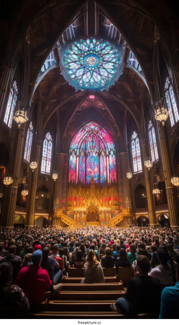 A large crowd of people are sitting in a cathedral listening to a speech