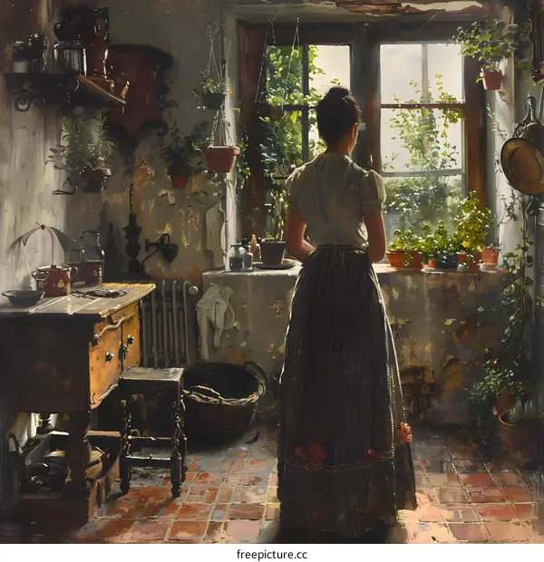 A thoughtful woman standing by the window