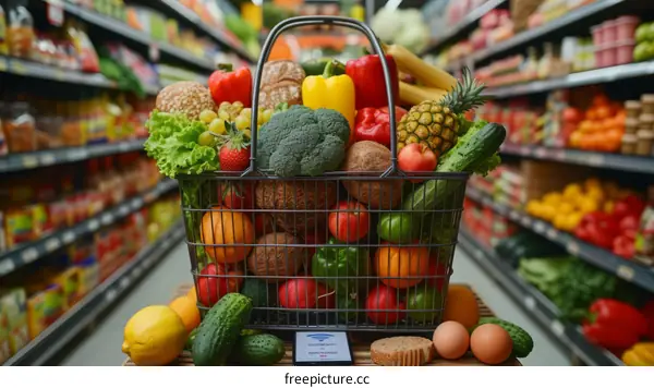A grocery basket full of fresh fruits and vegetables sits in the produce section of a supermarket with the blurred shelves in the background