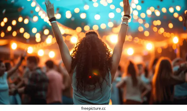 Young woman with curly hair raising her hands in the air at a festival