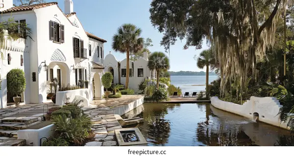 Spanish Courtyard Oasis with Stunning Lakefront View