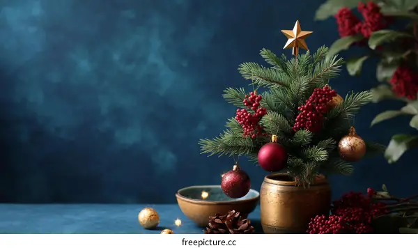 Mini Christmas Tree Ornament Display on Dark Blue Background