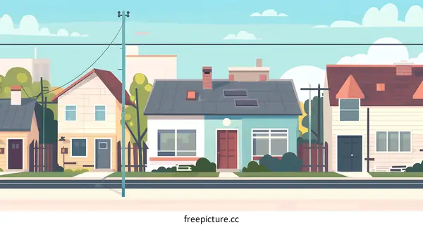 Suburban Street Houses with Grass and Blue Sky