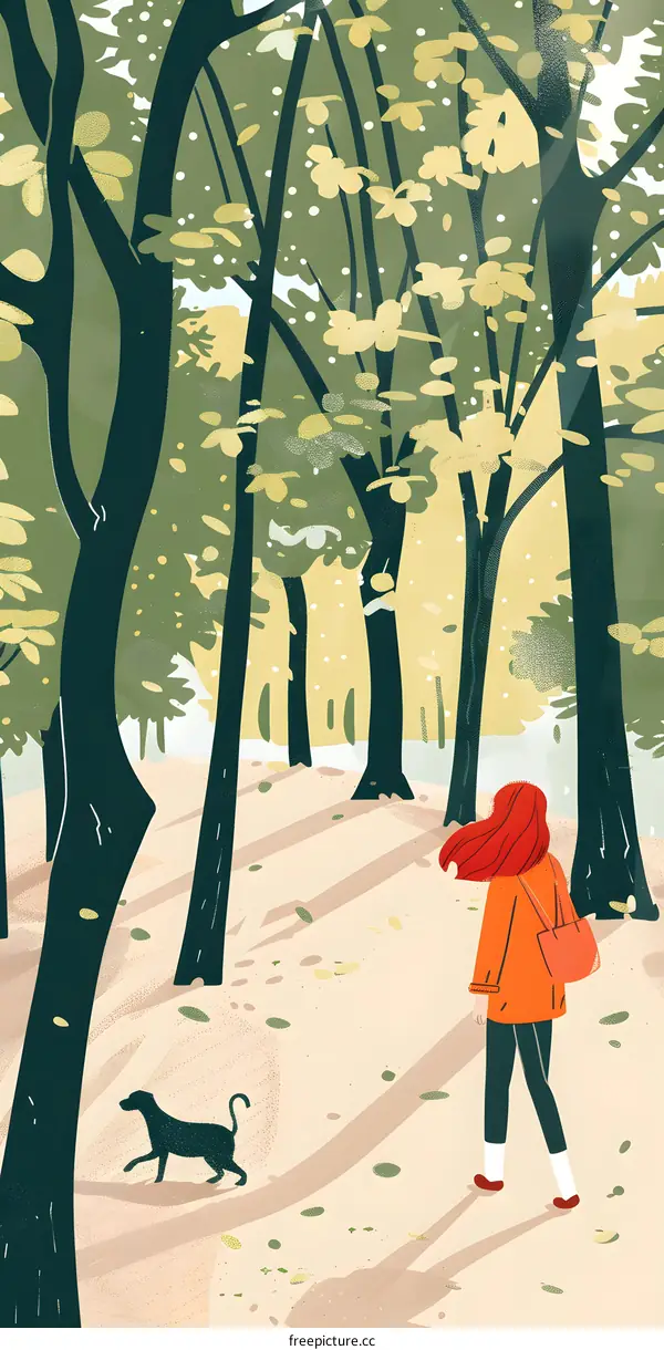 Woman Walking with Dog in Forest Illustration