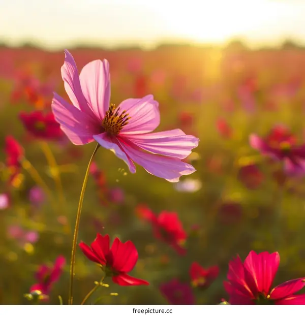 Close-up of a pink cosmos flower in a field of cosmos flowers with a blurred background