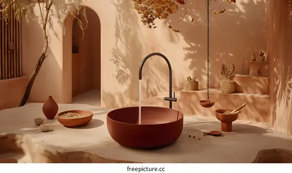 Minimalist Bathroom Sink with Water Flowing in a Natural Setting