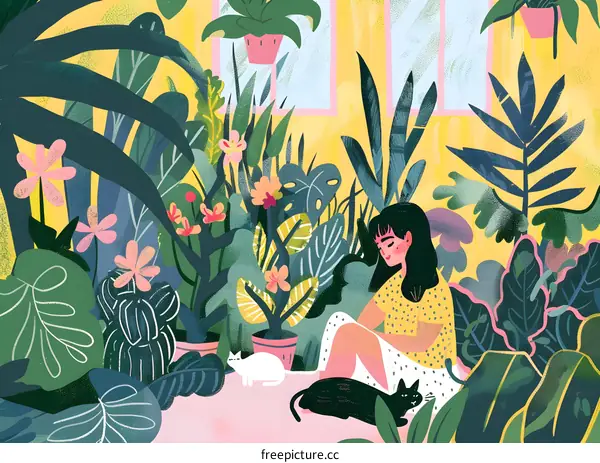 Woman Relaxing In A Garden With Two Cats