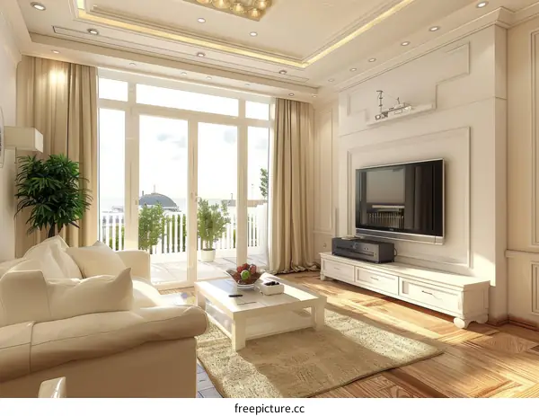 A modern living room with a large window, a TV, and a coffee table