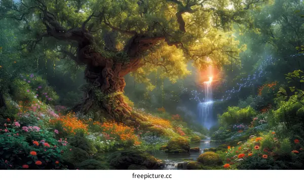 A magical forest with a giant tree, a waterfall, and a river flowing through it. There are many flowers and plants in the forest, and the sun is shining through the trees.