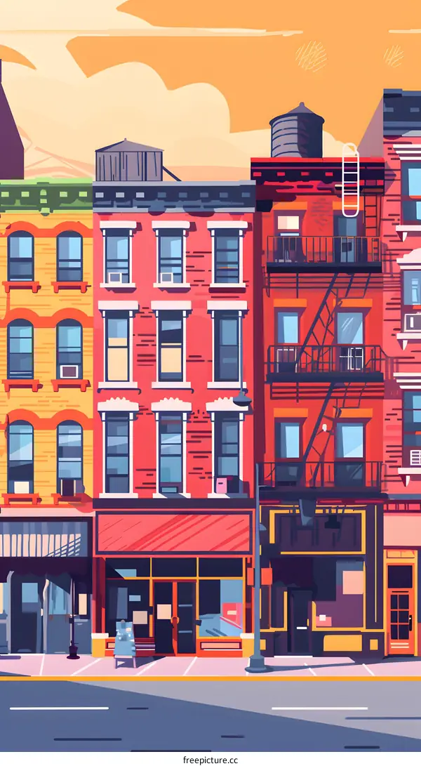 Colorful Illustration of Street in City With Buildings