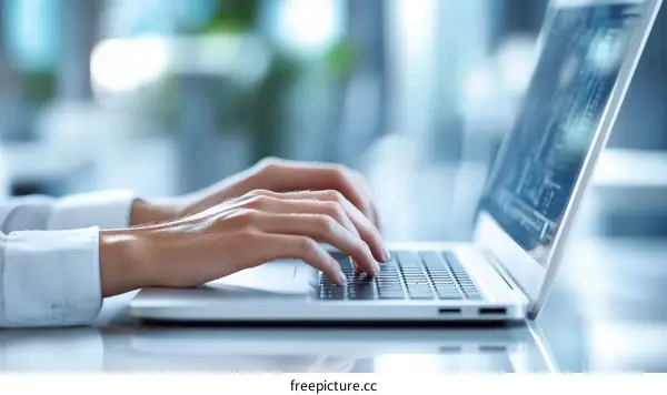 Woman Typing on Laptop in Office Environment