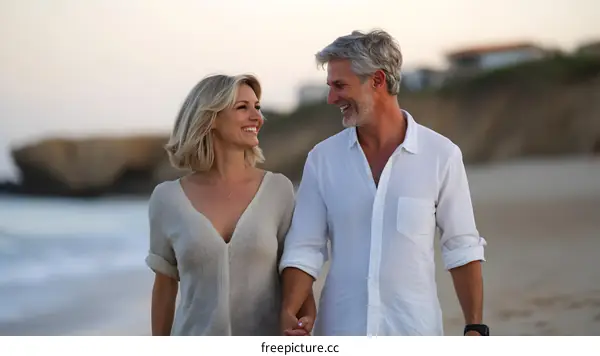 Couple Holding Hands and Looking at Each Other on the Beach at Sunset