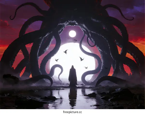 Mysterious figure facing giant tentacles under blood moon