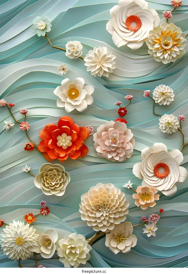 3D illustration of paper flowers in a wave pattern