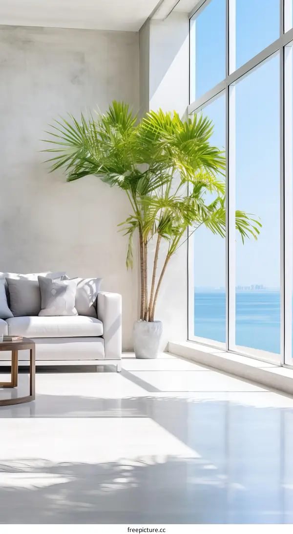 Indoor living room with large windows overlooking the ocean