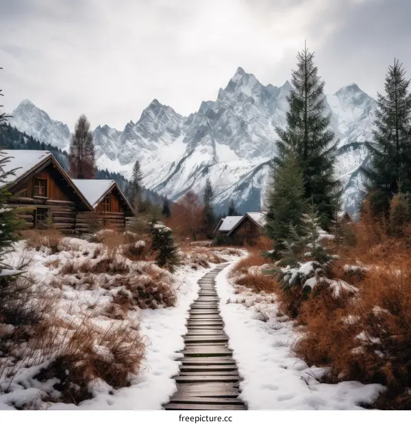 Wooden houses in a snowy mountain valley