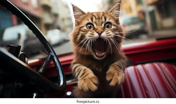 Startled cat in a red car