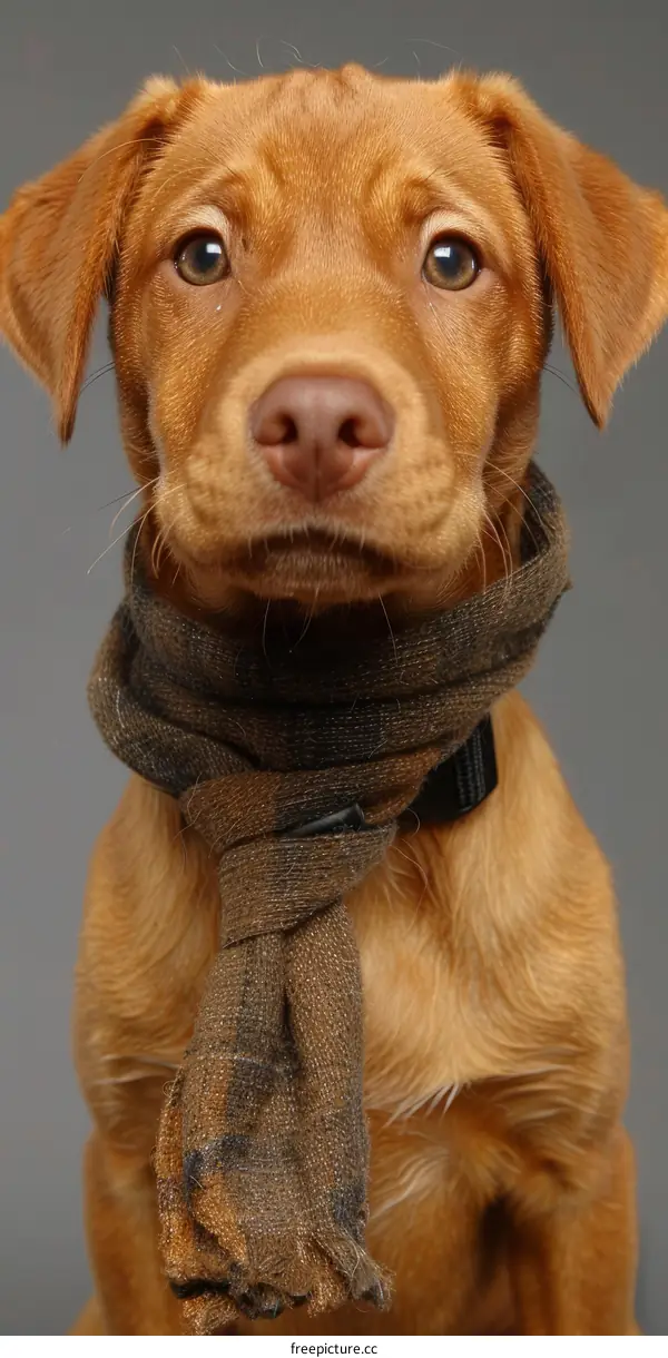 A cute brown puppy wearing a scarf
